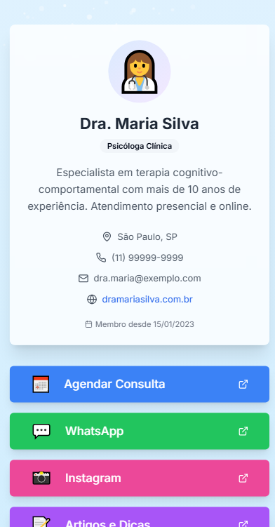 Exemplo da página profissional MeConsultar